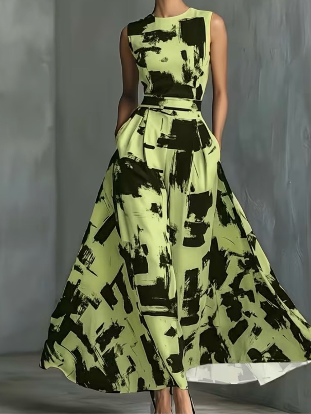 Sleeveless Lime Green and Black Abstract Print Maxi Dress